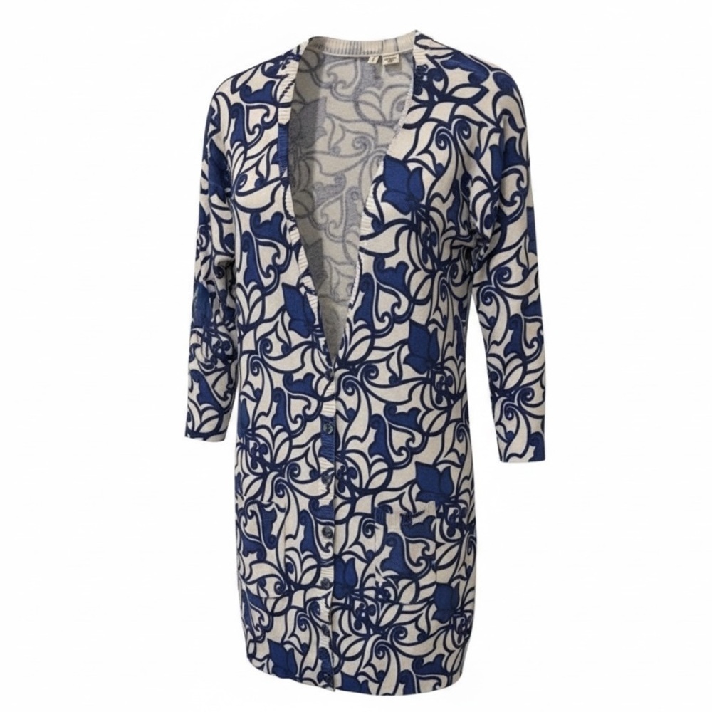 Moth long v neck blue/white cardigan, medium